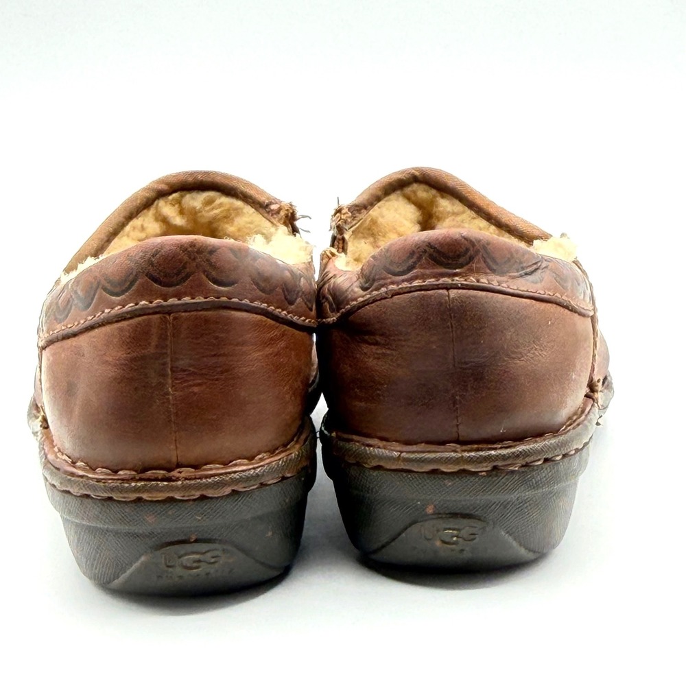 UGG Bettey Leather Clogs Womens 6 Brown Shearling Lined Mules Cozy Fall Celtic - Picture 4 of 12